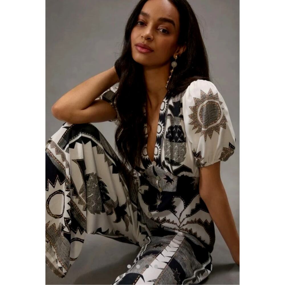 FARM Rio x Anthropologie Sun Palm Tree Tropical Puff-Sleeve Jumpsuit S - Picture 3 of 6
